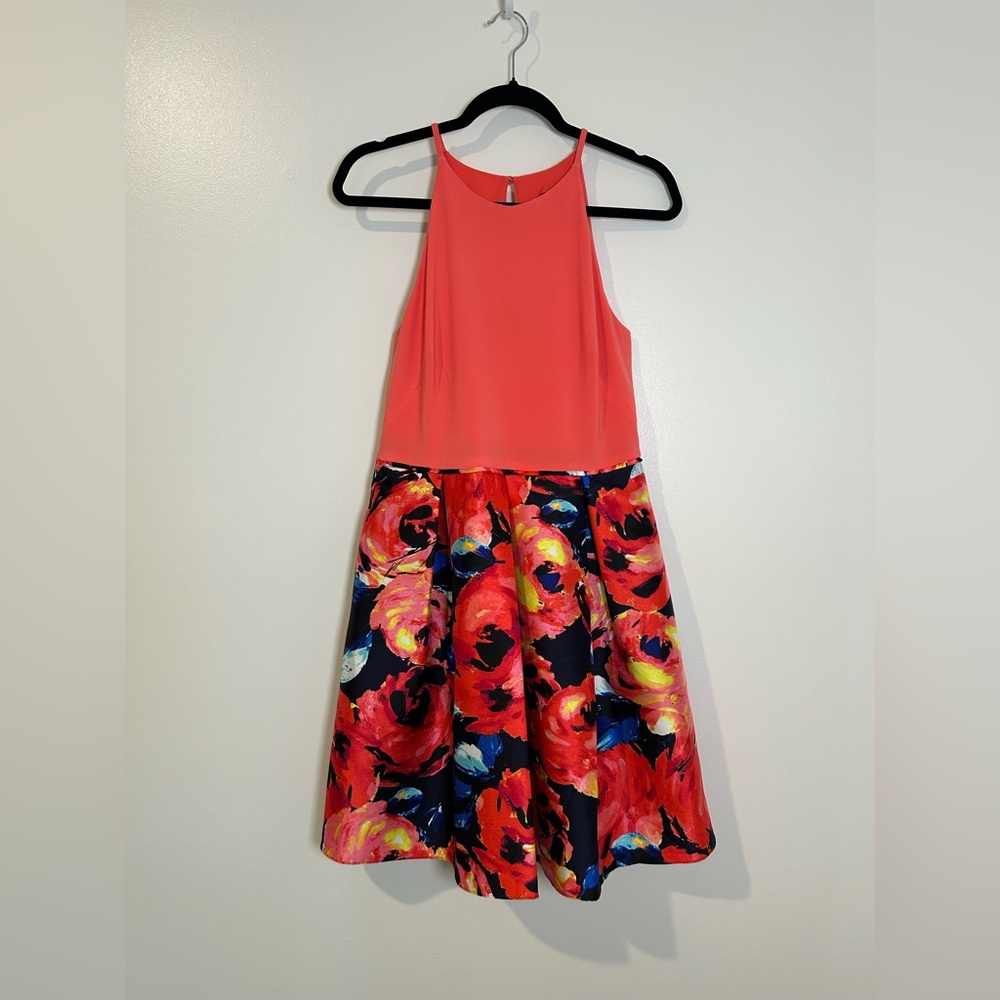 Adrianna Papell Coral and Floral Women’s Midi Dress Size 8 A-Line